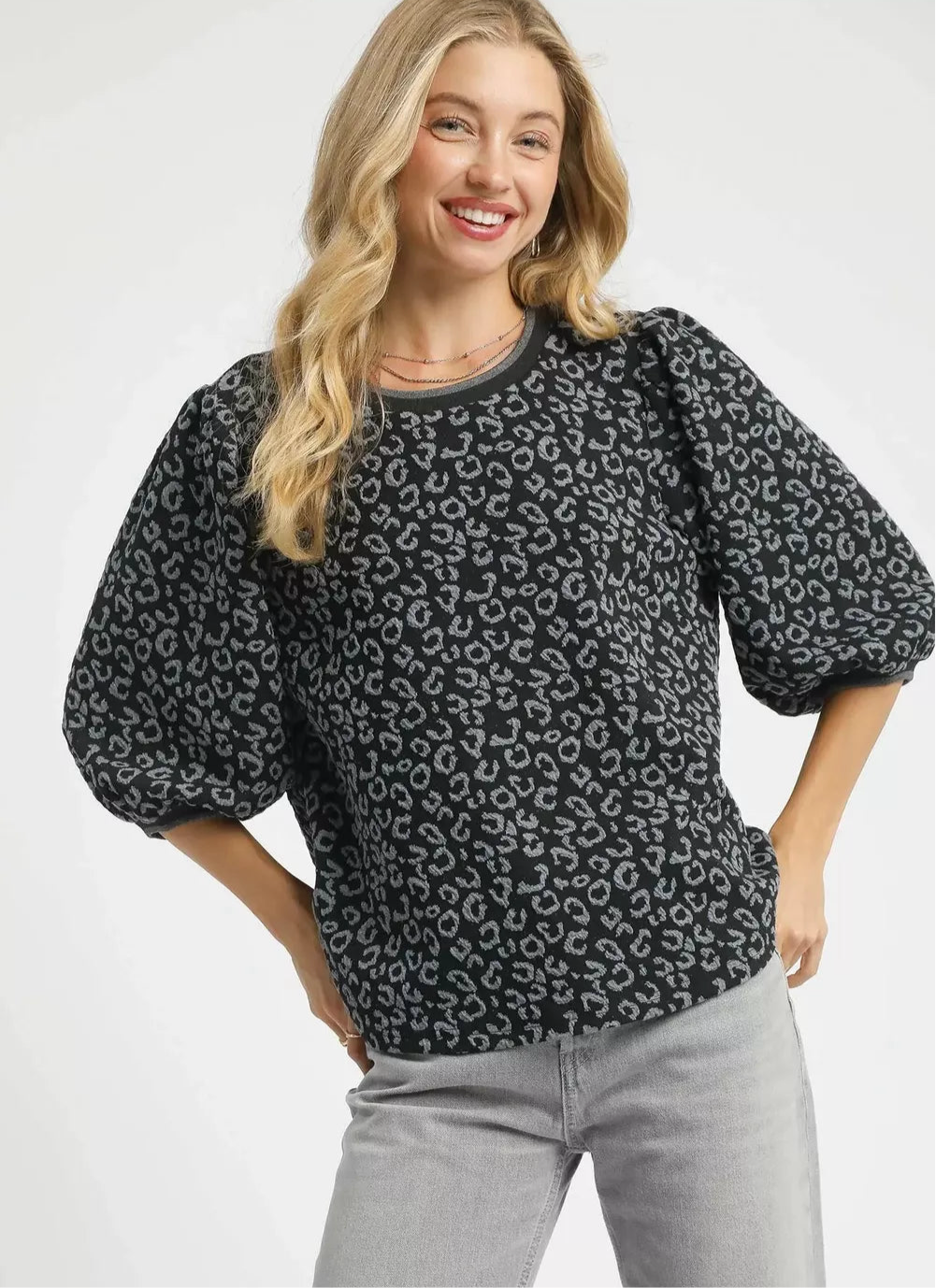 Umgee Leopard Print Jacquard Blouse with Puff Sleeves