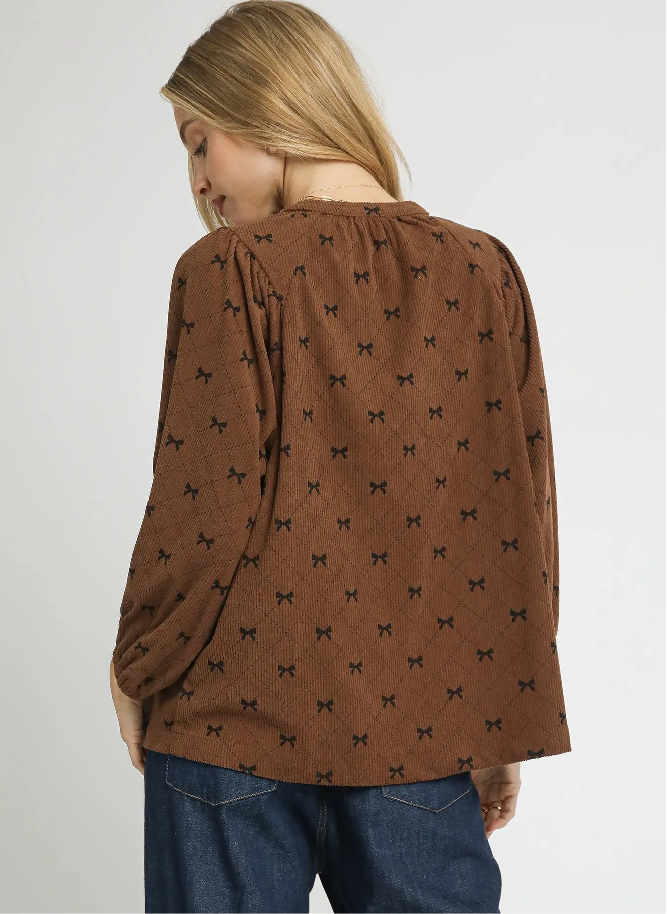 Umgee Corduroy Bow Print Balloon Sleeve Blouse