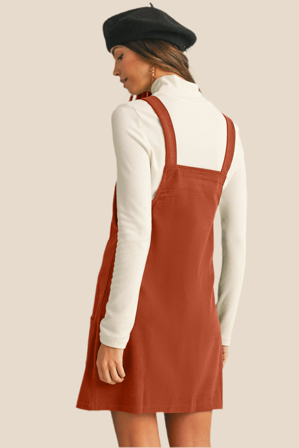 Cinnamon Corduroy Front Pockets Overall Dress