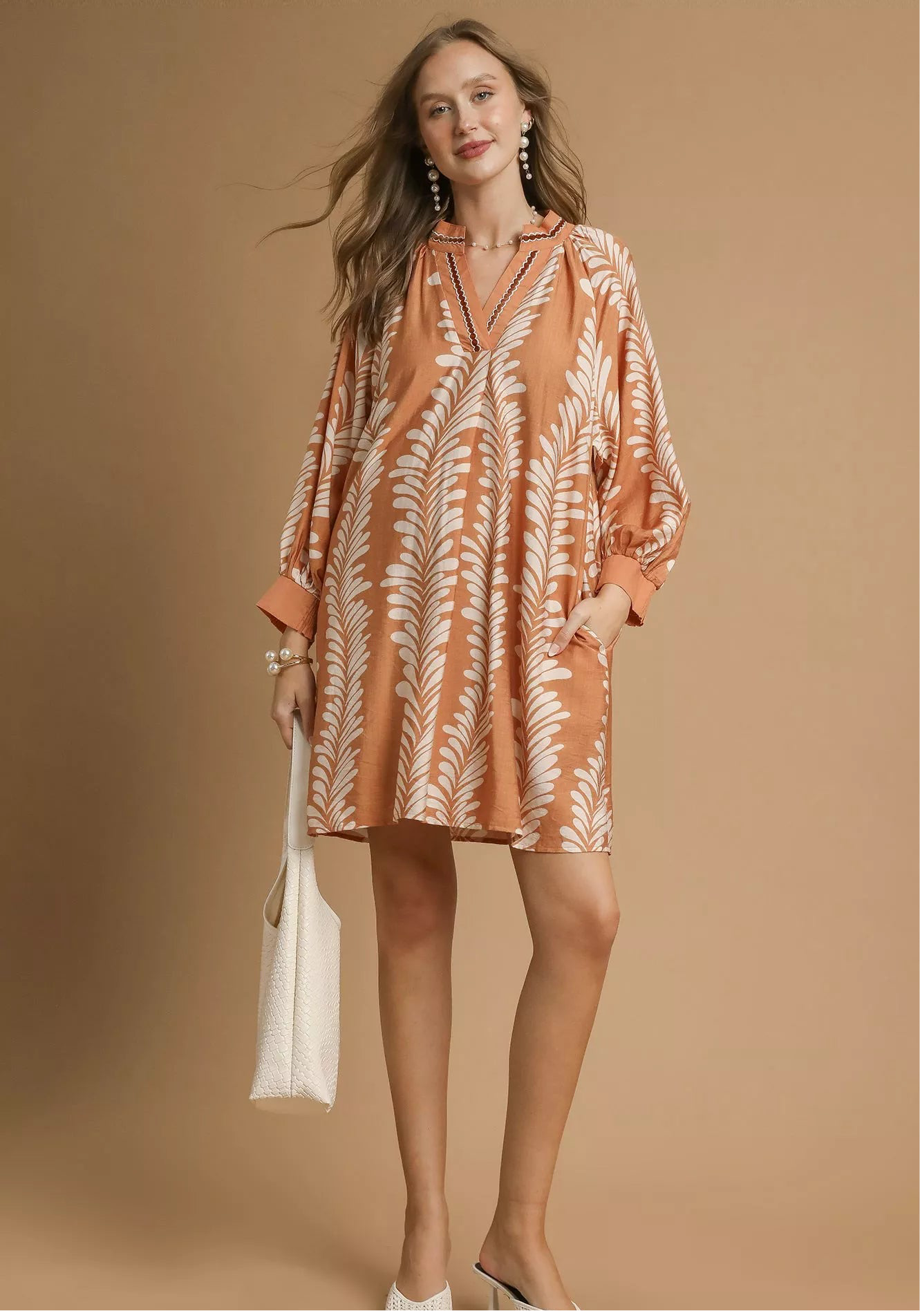 Umgee Leaf Print Notched Mini Babydoll Dress