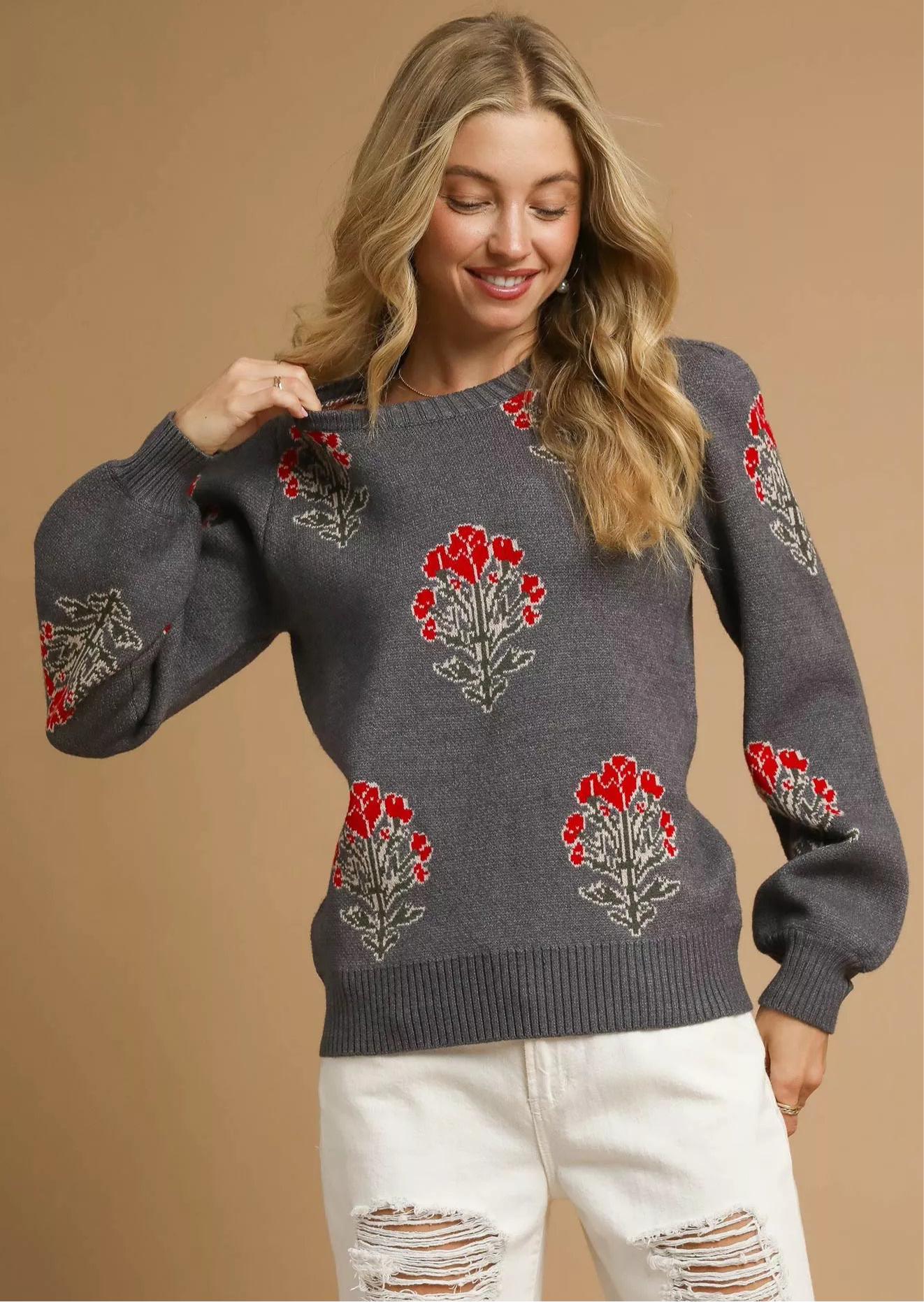 Umgee Single Flower Stem Jacquard Sweater