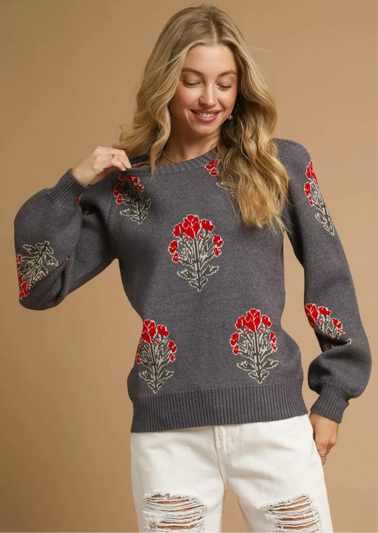 Umgee Single Flower Stem Jacquard Sweater