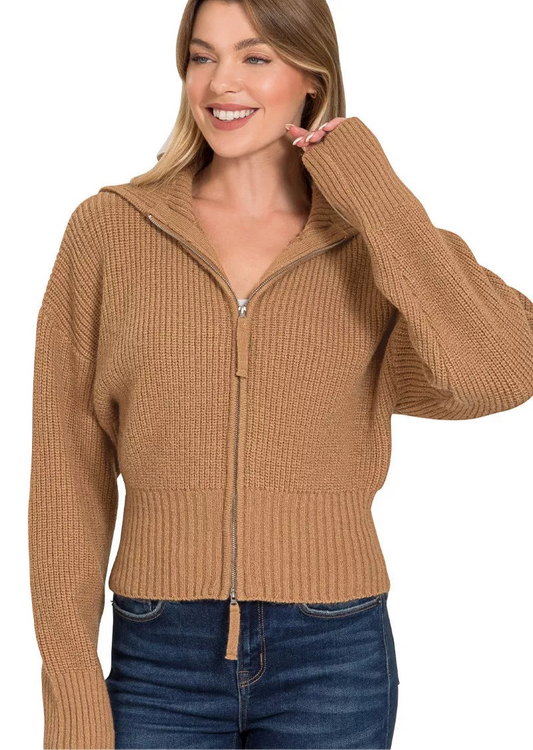 Zenana Ribbed Collared Zip Up Sweater Cardigan