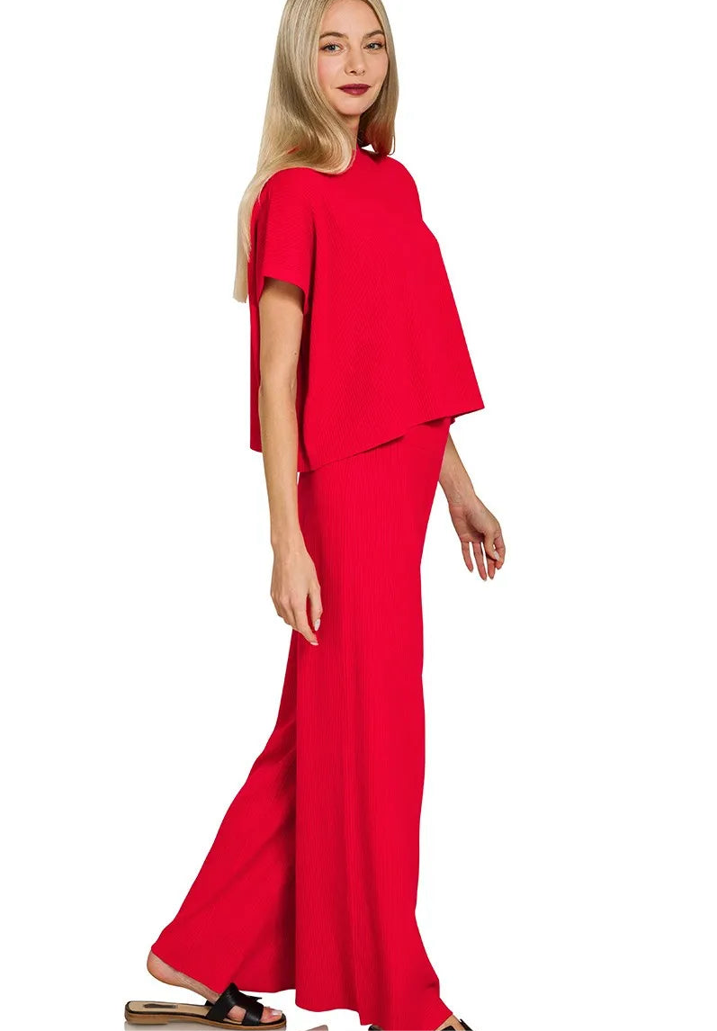 Zenana Viscose Sweater Short Sleeve Top and Pants Set