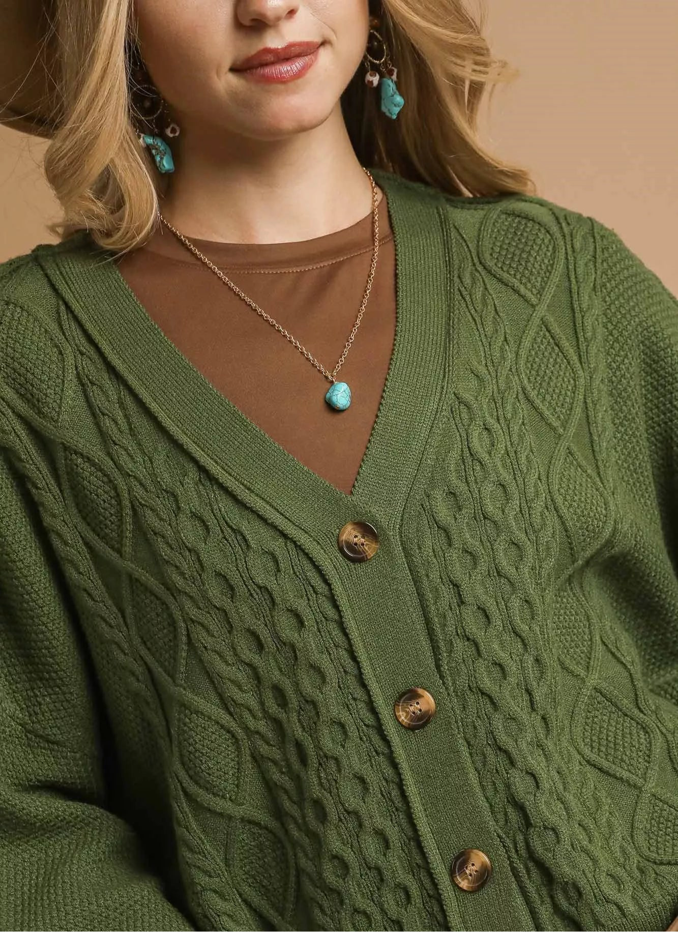 Umgee Chunky Cable Knit V-Neck Button-Up Cardigan