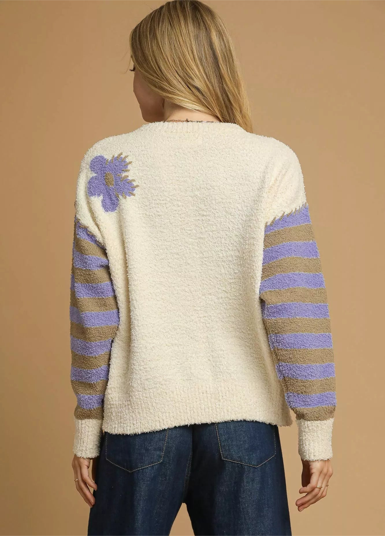 Umgee Flower Jacquard Striped Long Sleeve Sweater