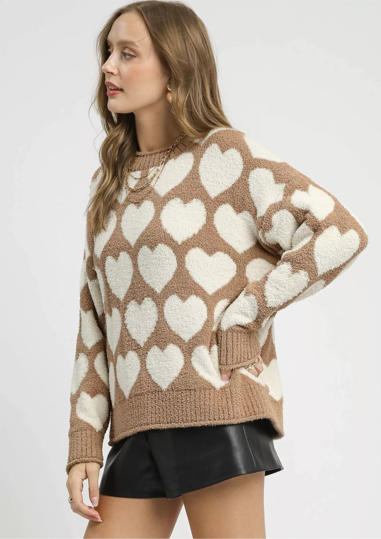 Umgee Mix Heart Pattern Pearl Accent Sweater