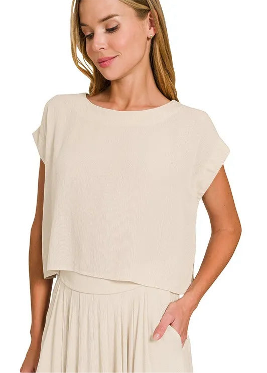 Zenana Woven Crinkle Gauze Crop Tee and Skirt Set