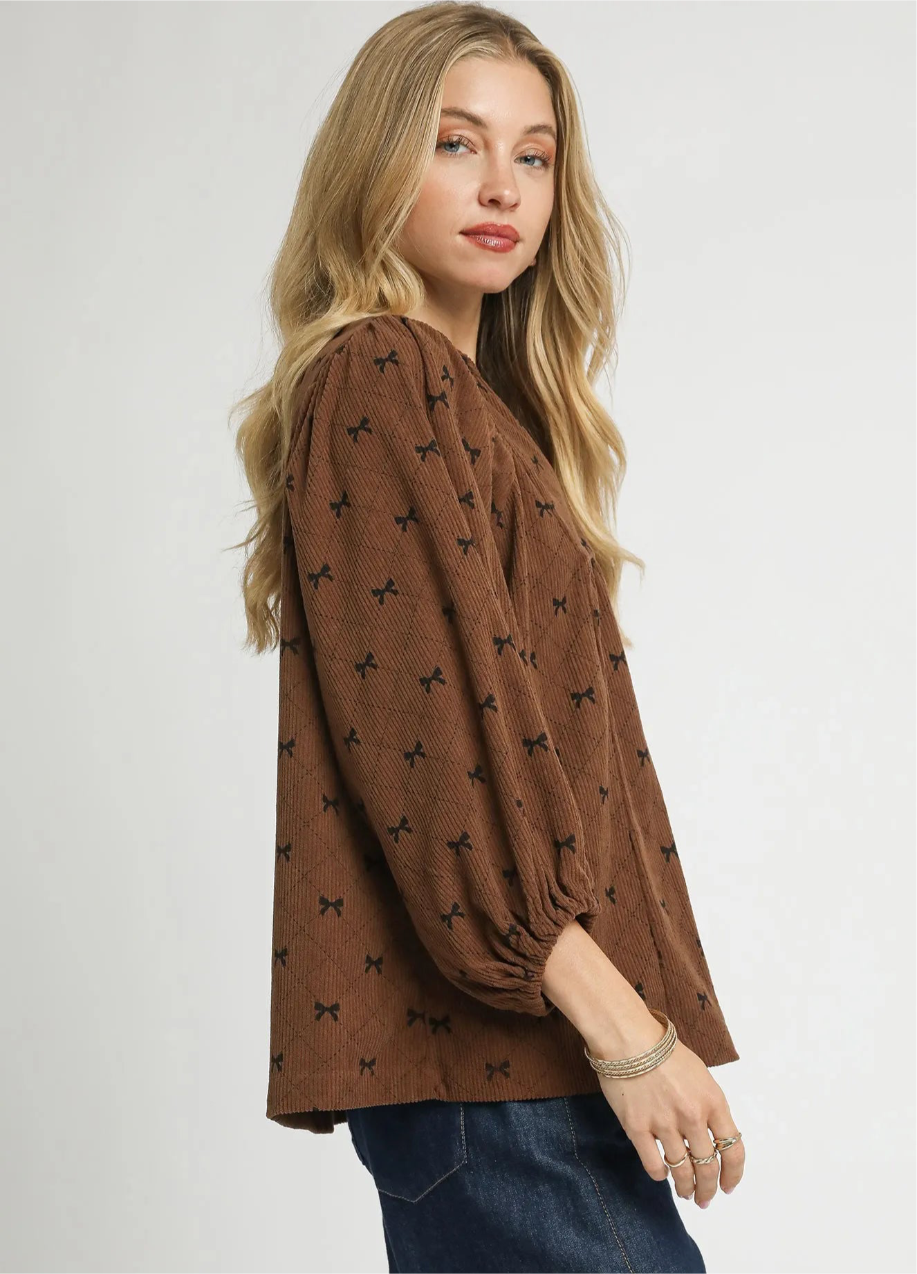 Umgee Corduroy Bow Print Balloon Sleeve Blouse