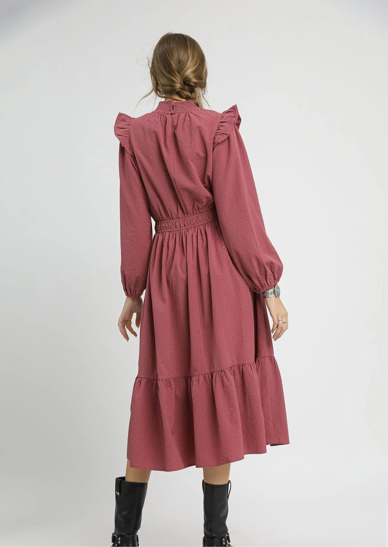 Umgee Textured Midi Dress with Ruffle Shoulder Detail