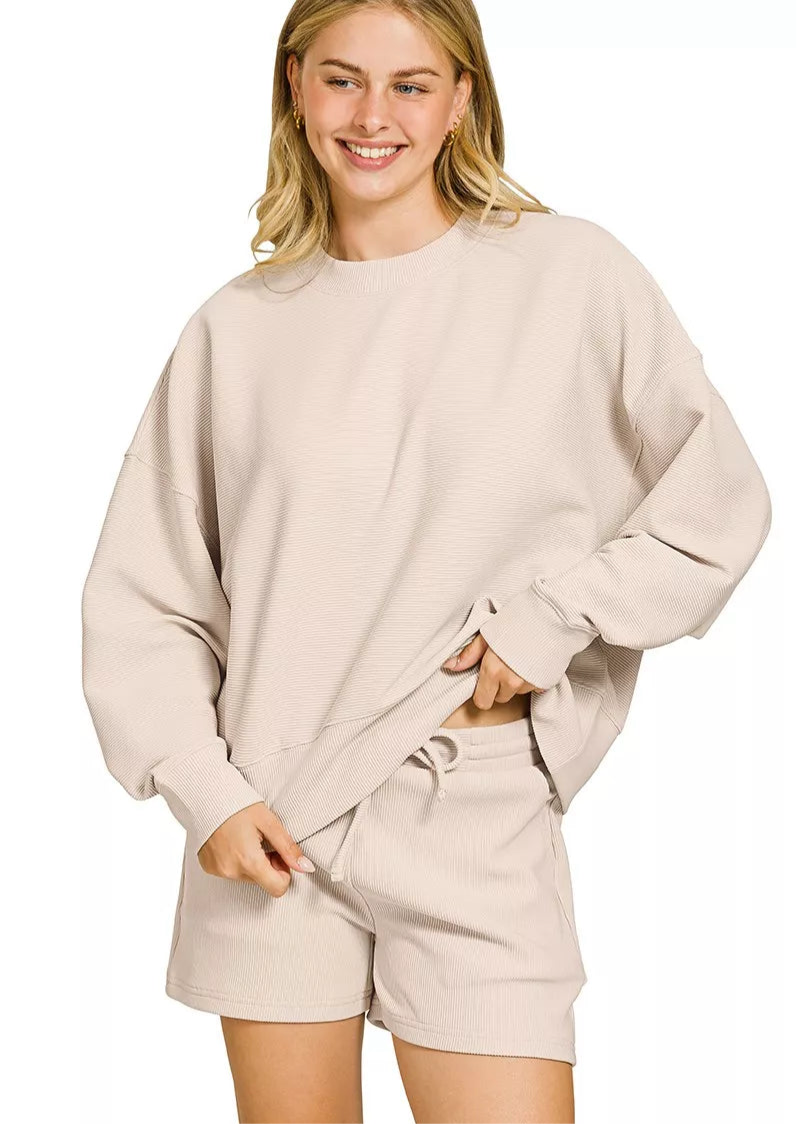 Zenana Ribbed Round Neck Pullover and Shorts Set