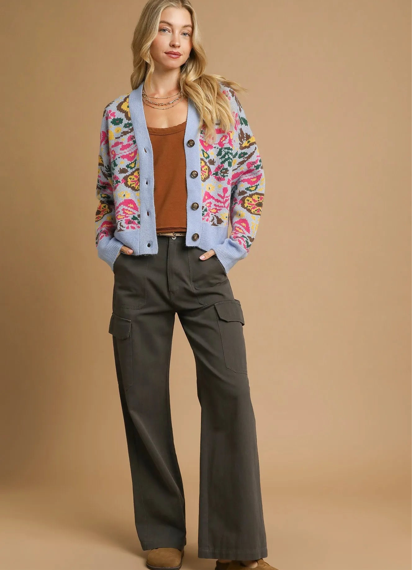 Umgee Floral Knit Button-Up Cardigan