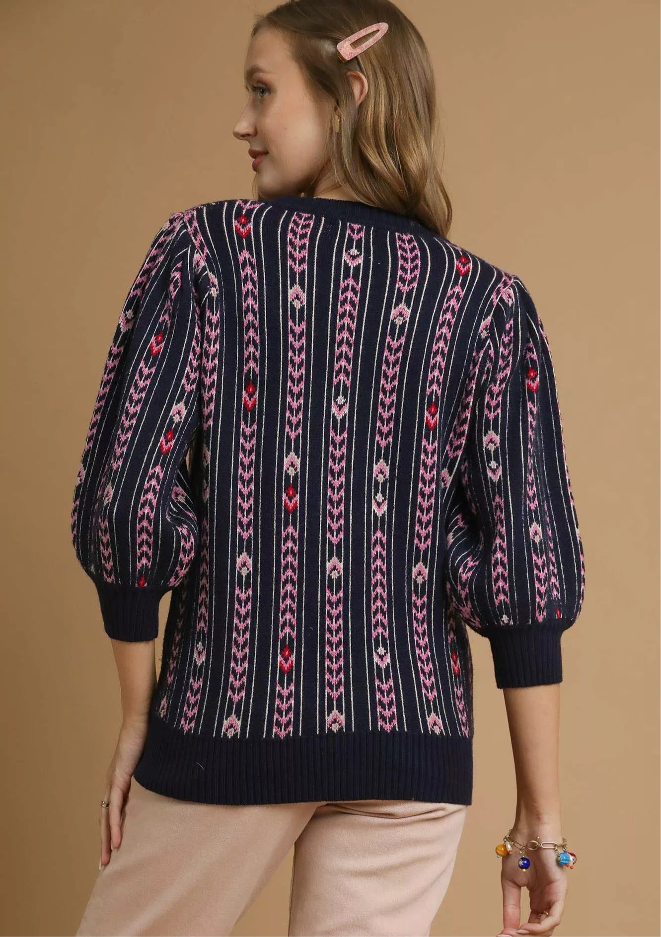 Umgee Jacquard Knit Puff Sleeve Sweater