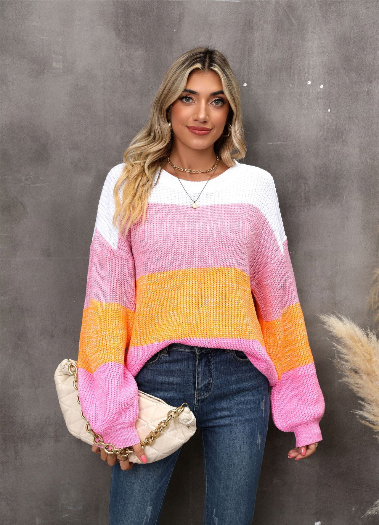 Angel Wings Color Block Round Neck Dropped Shoulder Sweater