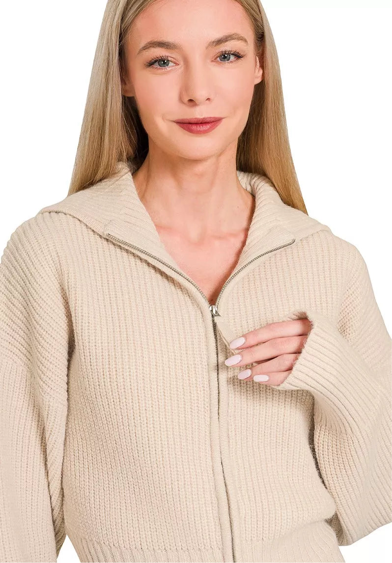 Zenana Ribbed Collared Zip Up Sweater Cardigan