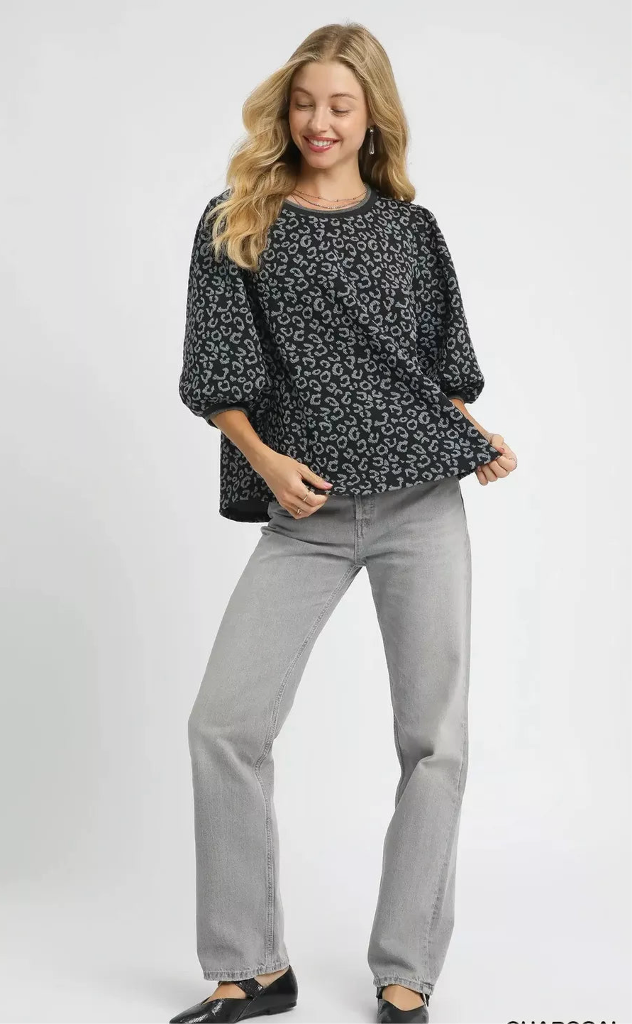 Umgee Leopard Print Jacquard Blouse with Puff Sleeves