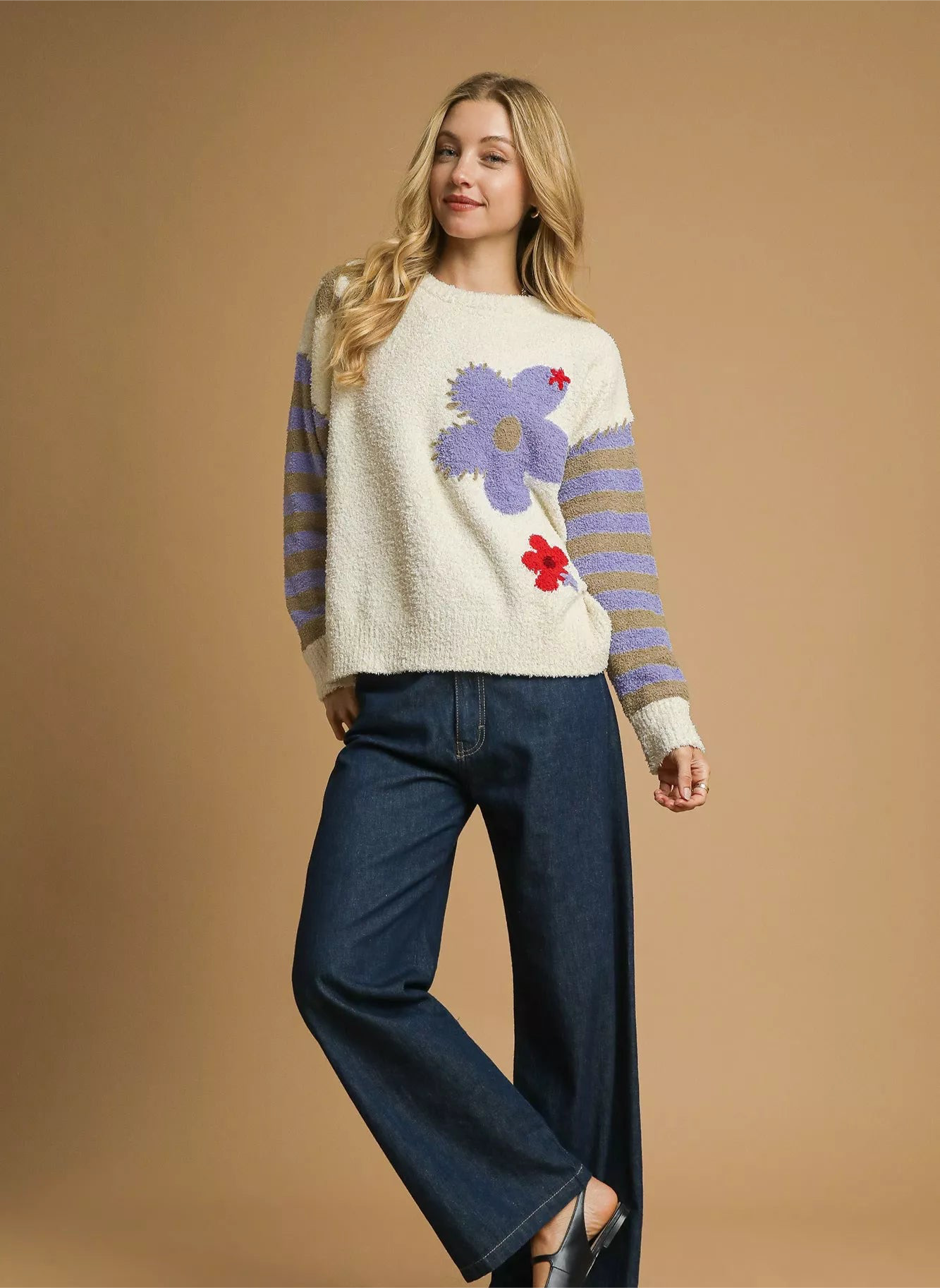 Umgee Flower Jacquard Striped Long Sleeve Sweater