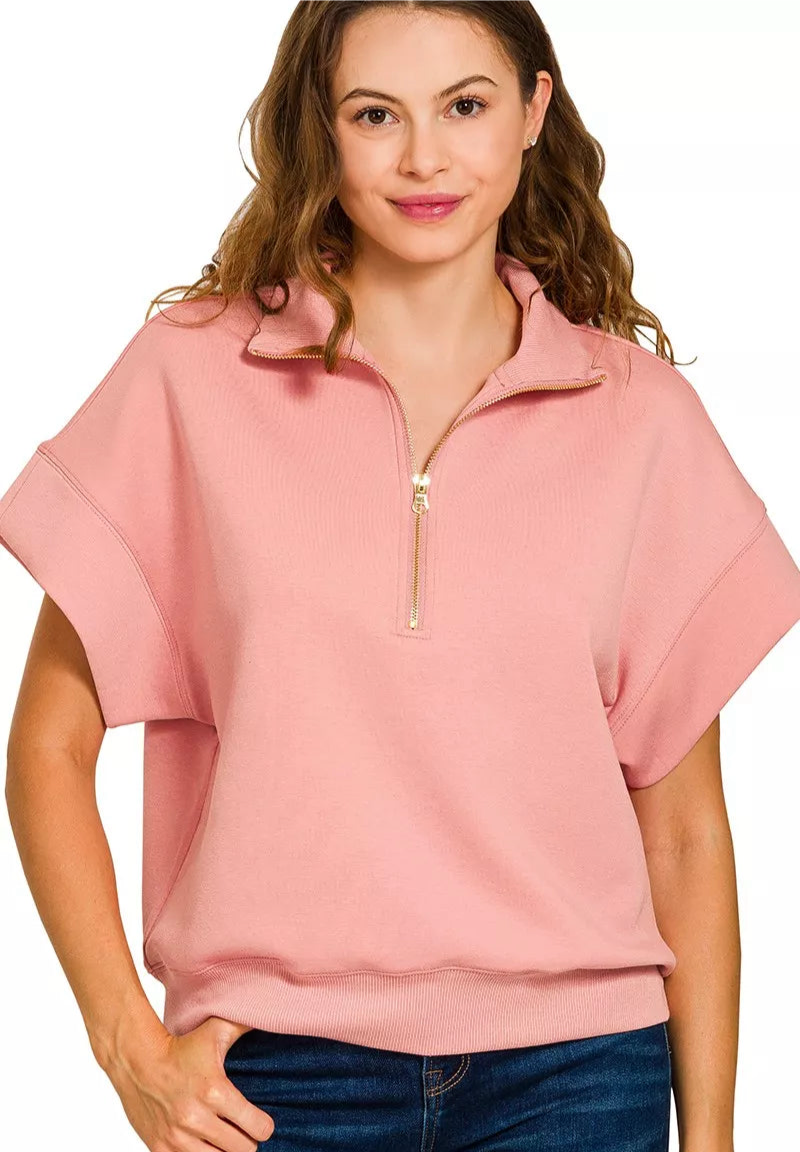 Zenana Full Size Scuba High Neck Half Zip Short Sleeve Top Plus Size