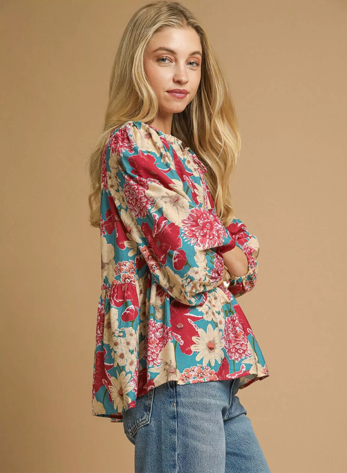 Umgee Mix Floral Peplum Blouse with Tie Neck