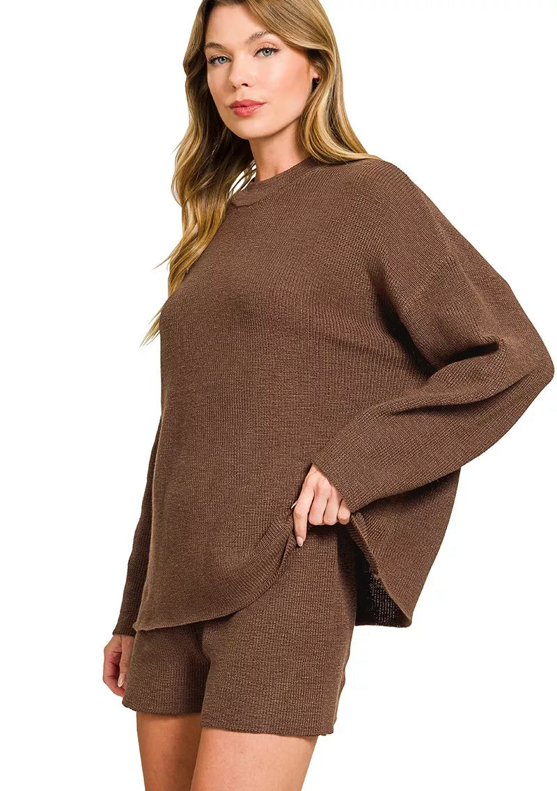 Zenana Round Neck Knit Top and Shorts Sweater Set