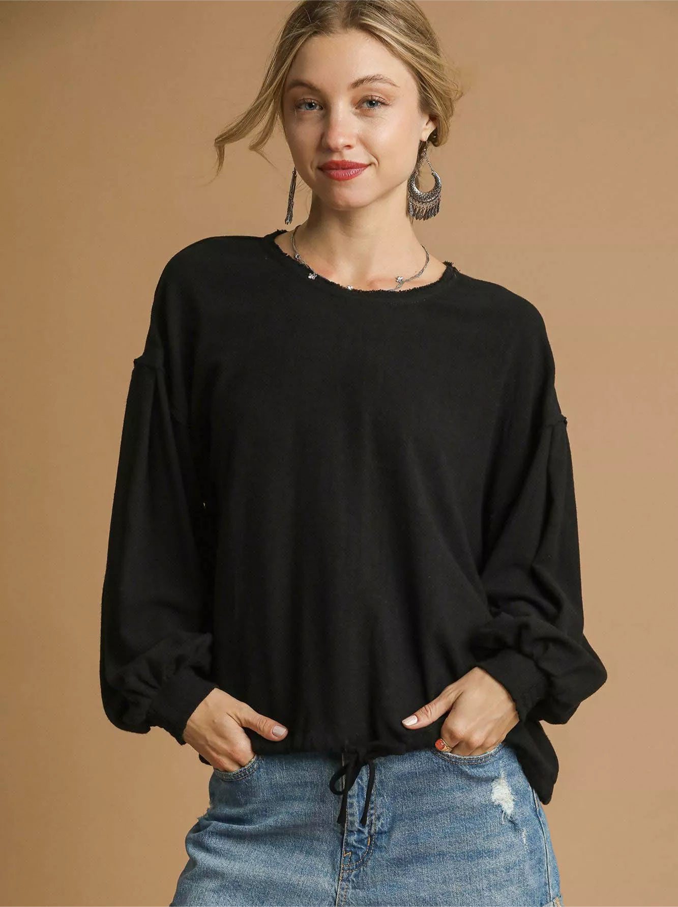 Umgee Full Size Linen Long Sleeve Top with Drawstring Plus Size