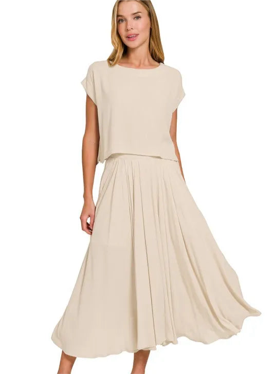 Zenana Woven Crinkle Gauze Crop Tee and Skirt Set