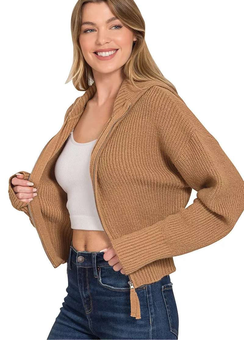 Zenana Ribbed Collared Zip Up Sweater Cardigan