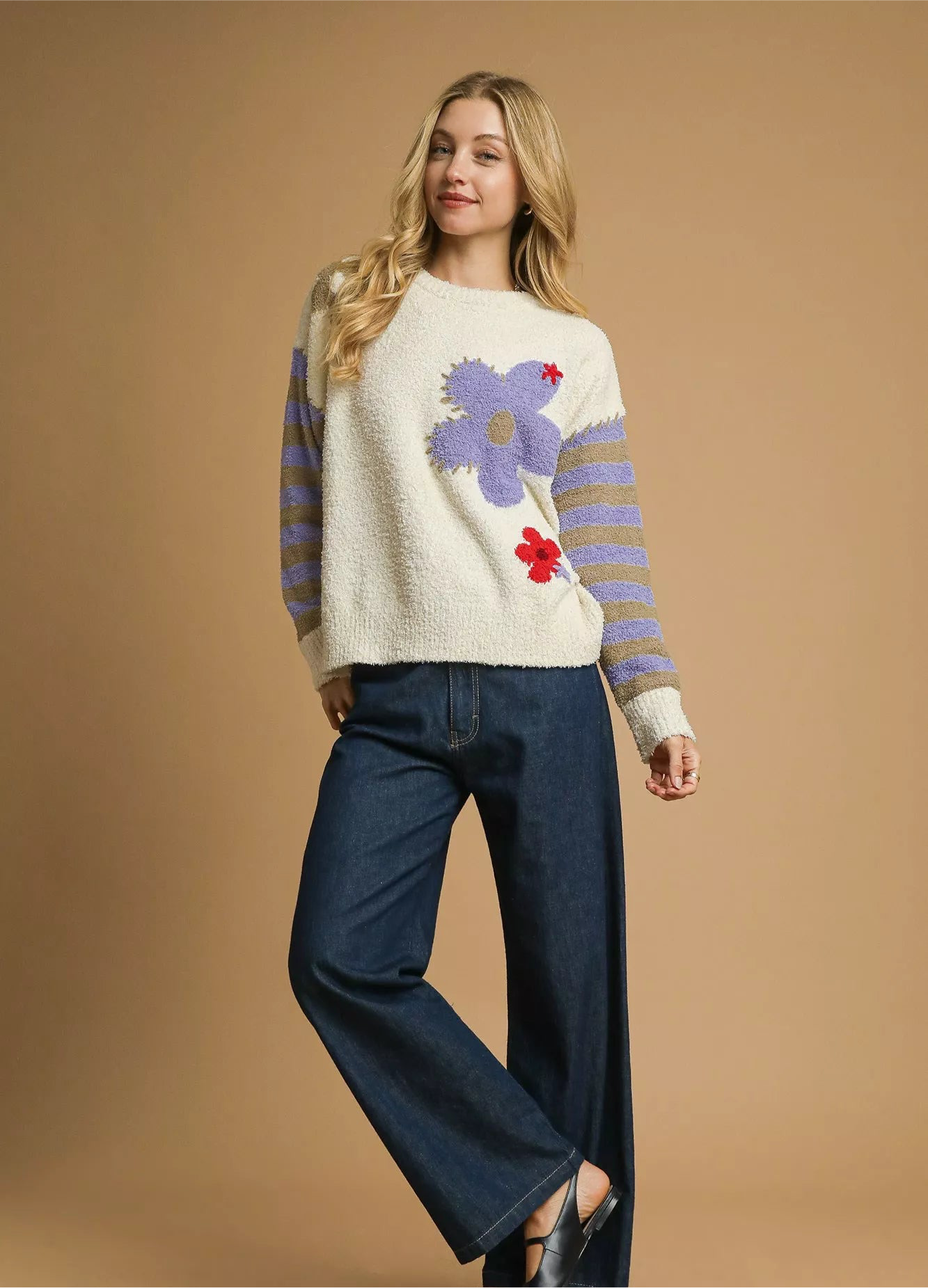 Umgee Flower Jacquard Striped Long Sleeve Sweater