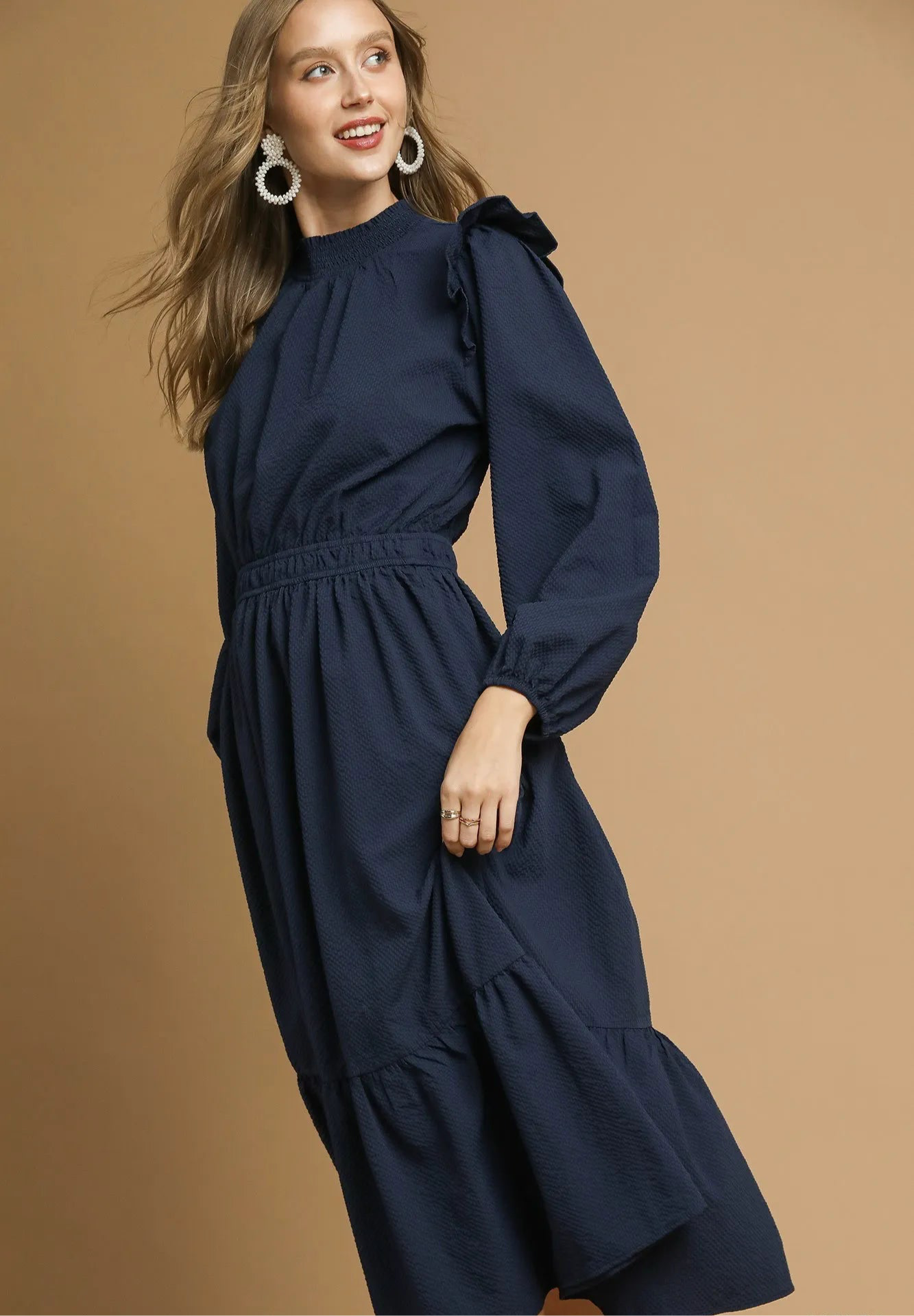 Umgee Textured Midi Dress with Ruffle Shoulder Detail