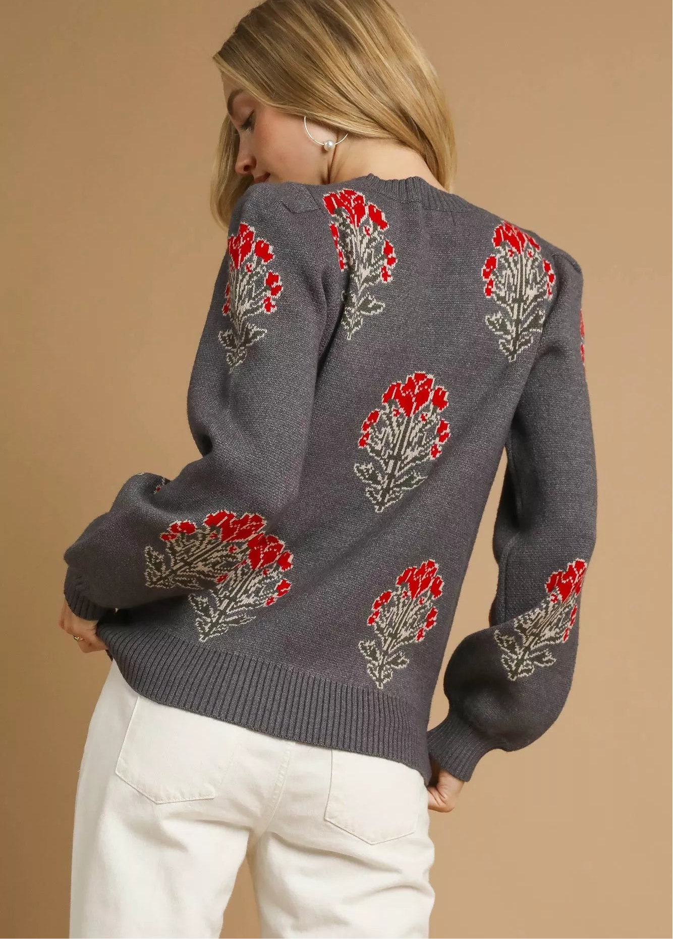 Umgee Single Flower Stem Jacquard Sweater