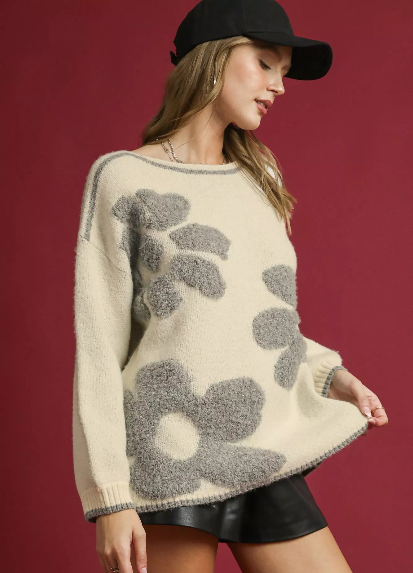 Umgee Floral Jacquard Knit Sweater