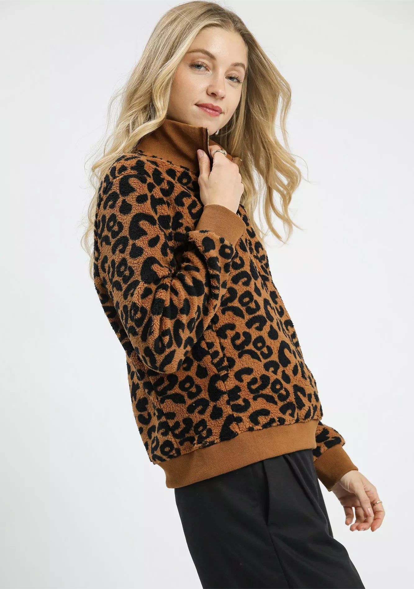 Umgee Leopard Print Quarter-Zip Sweatshirt