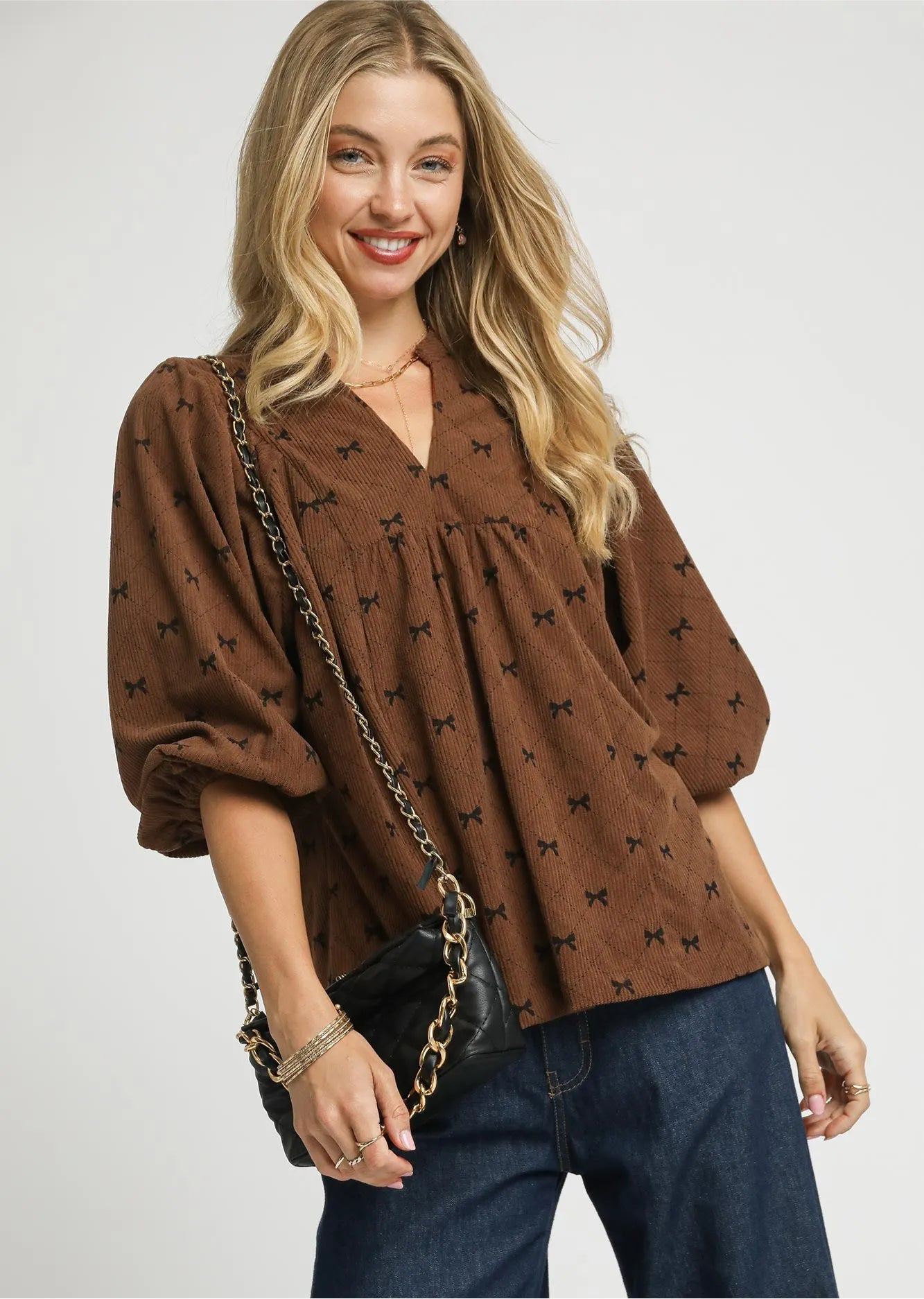 Umgee Corduroy Bow Print Balloon Sleeve Blouse