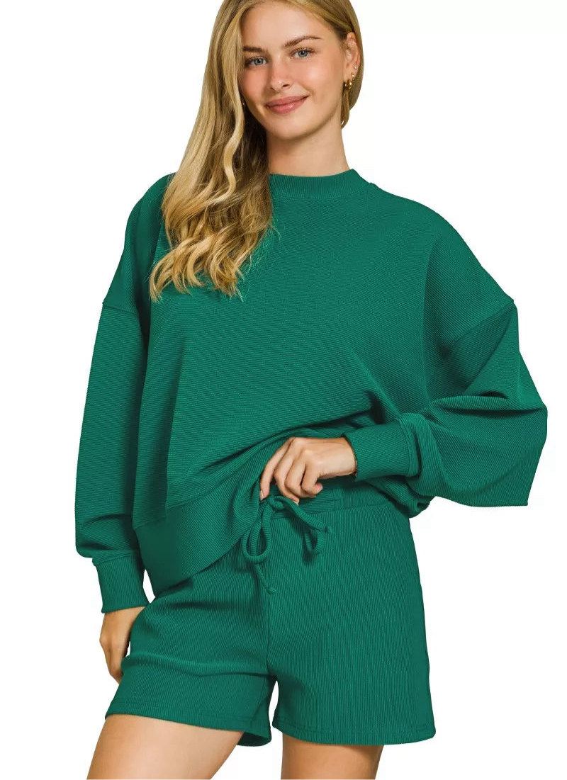 Zenana Ribbed Round Neck Pullover and Shorts Set