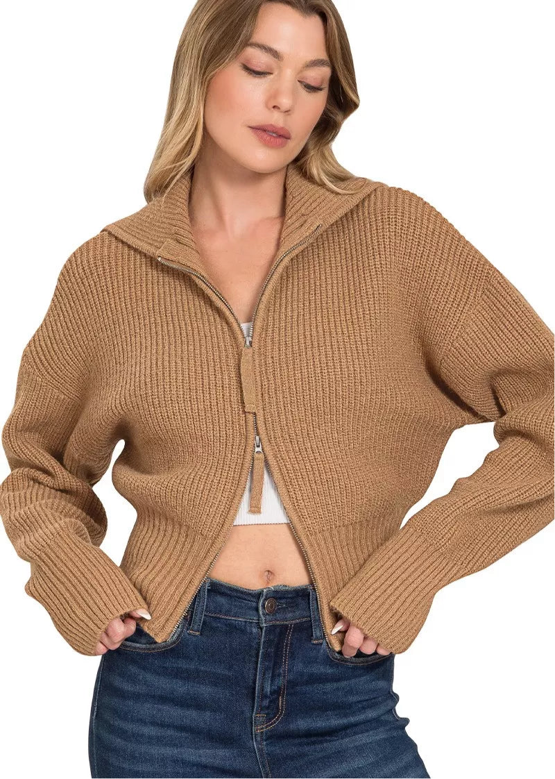 Zenana Ribbed Collared Zip Up Sweater Cardigan