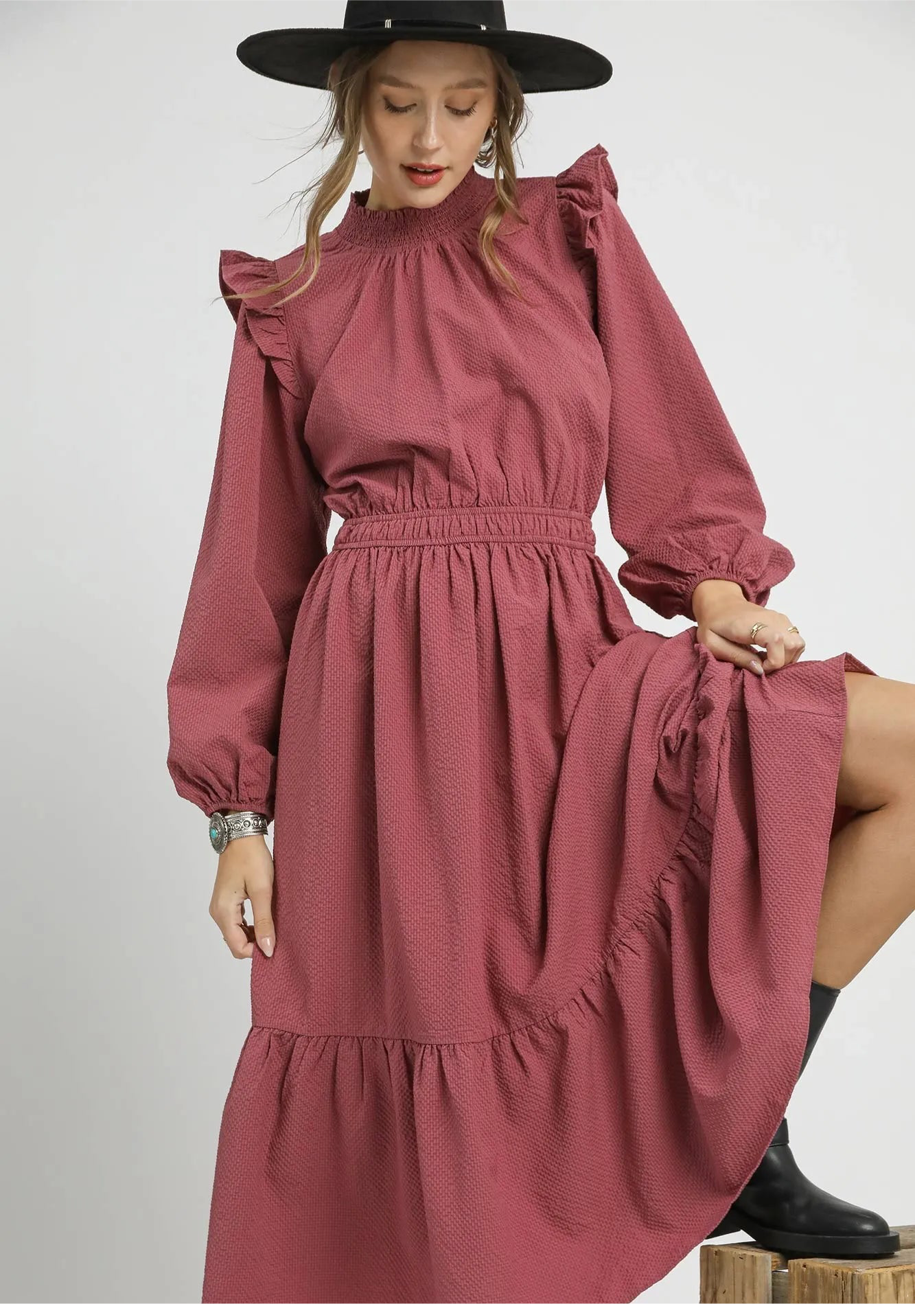 Umgee Textured Midi Dress with Ruffle Shoulder Detail