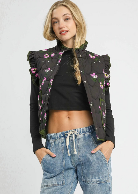 Umgee Ruffled Quilted Floral Snap Down Vest