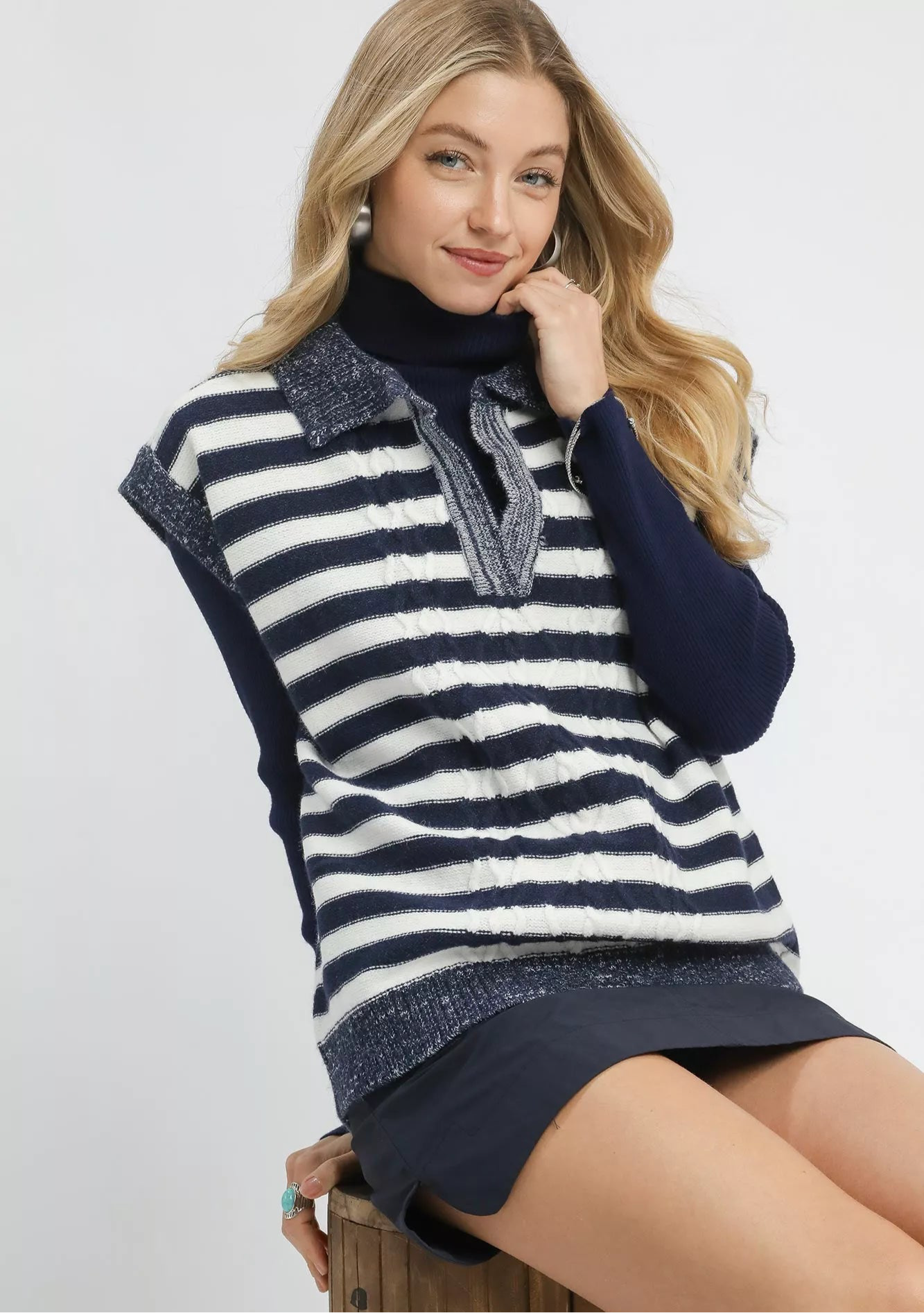 Umgee Cable Knit Collared Striped Vest Sweater