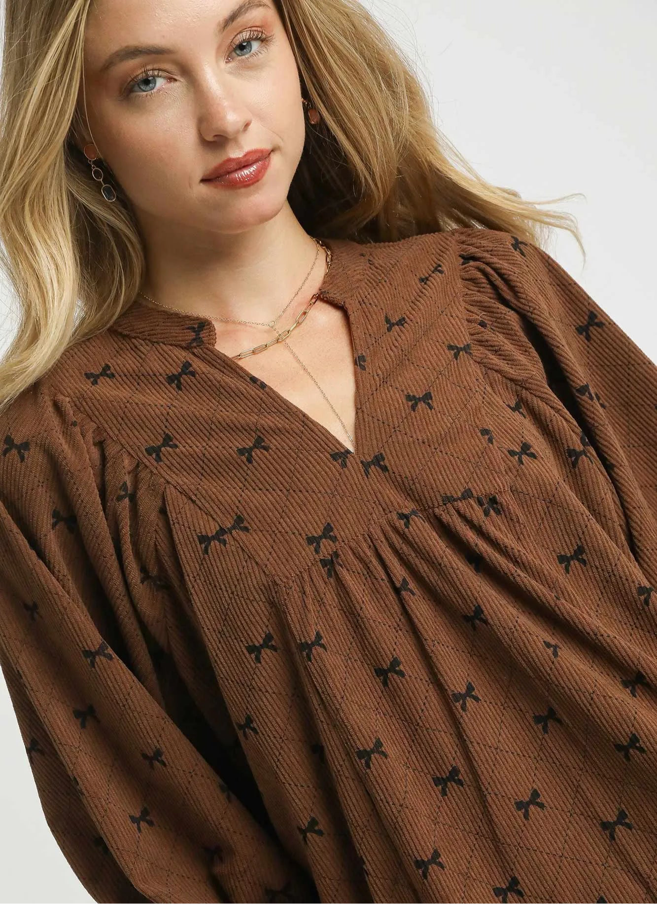 Umgee Corduroy Bow Print Balloon Sleeve Blouse