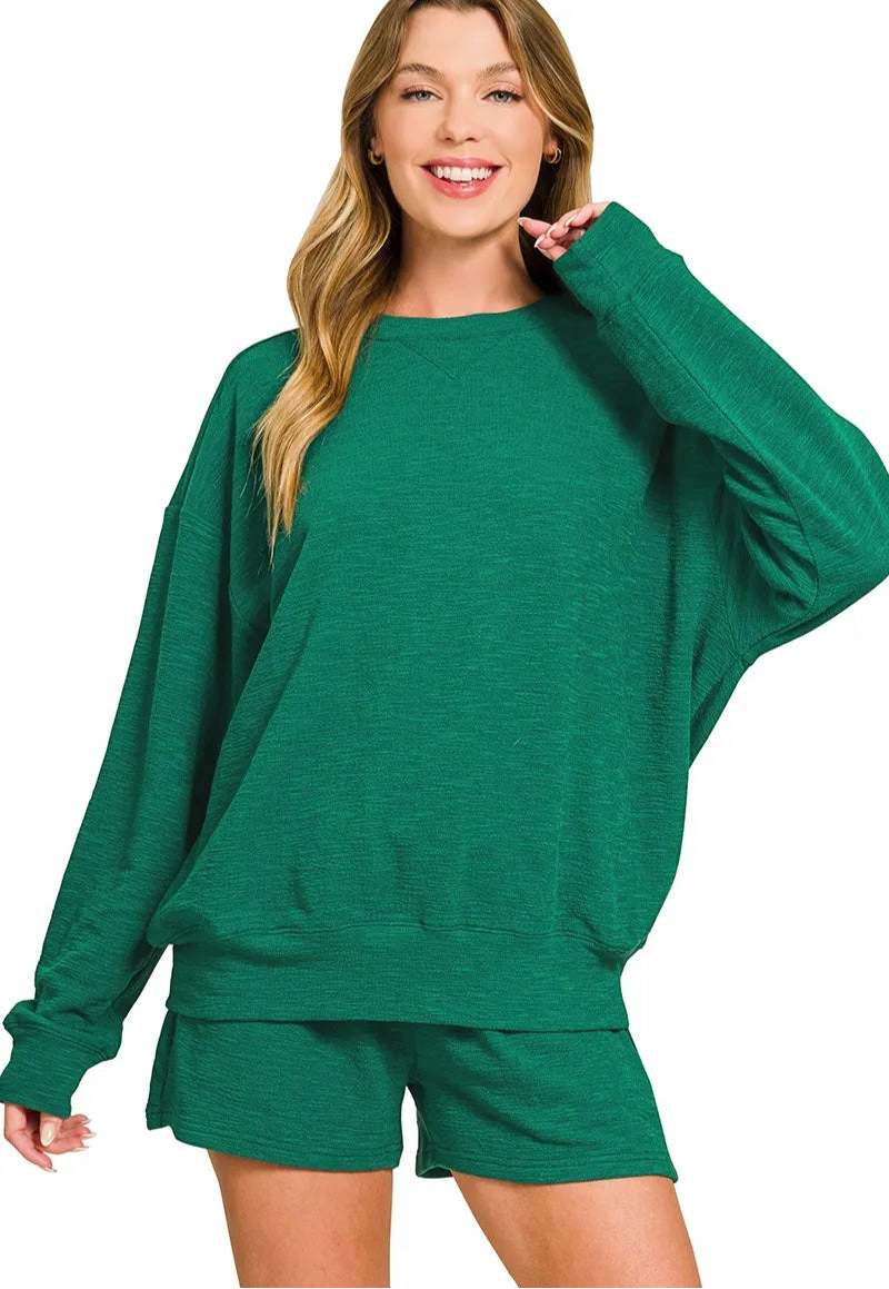 Zenana Slub Long Sleeve Top and Shorts Set