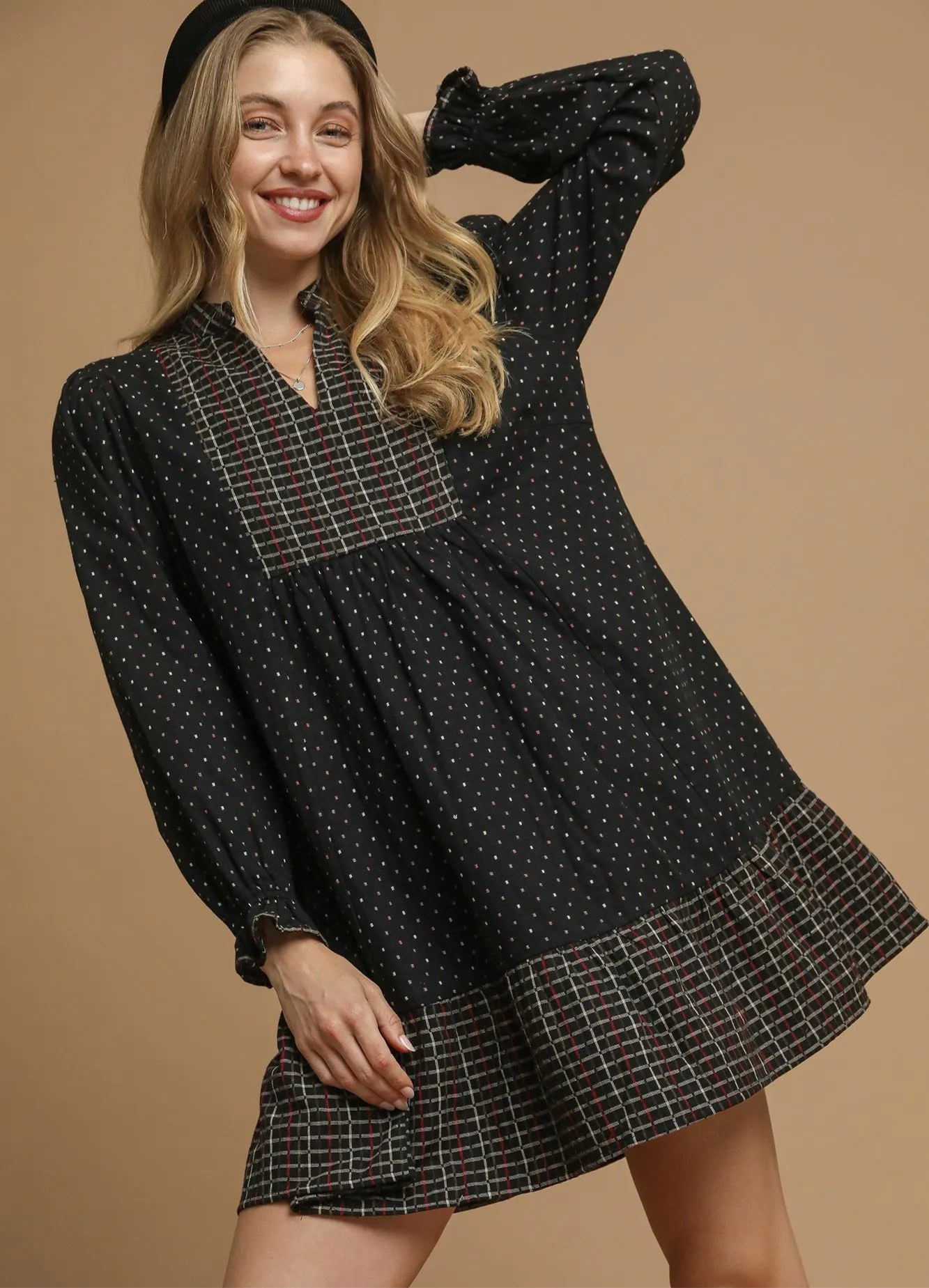 Umgee Polka Dot Plaid Trim Babydoll Dress