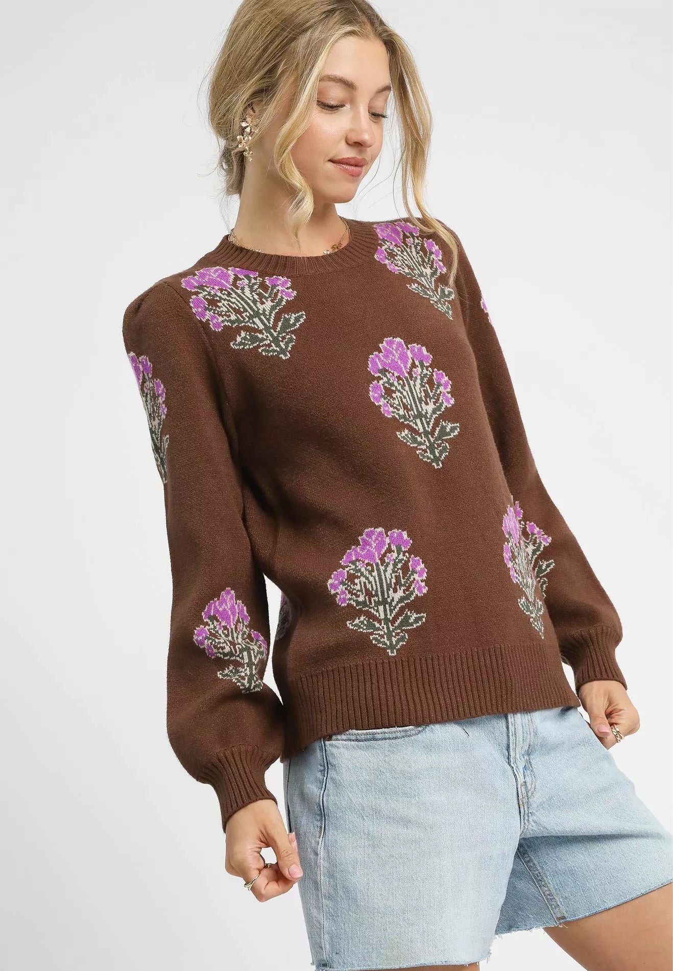 Umgee Single Flower Stem Jacquard Sweater