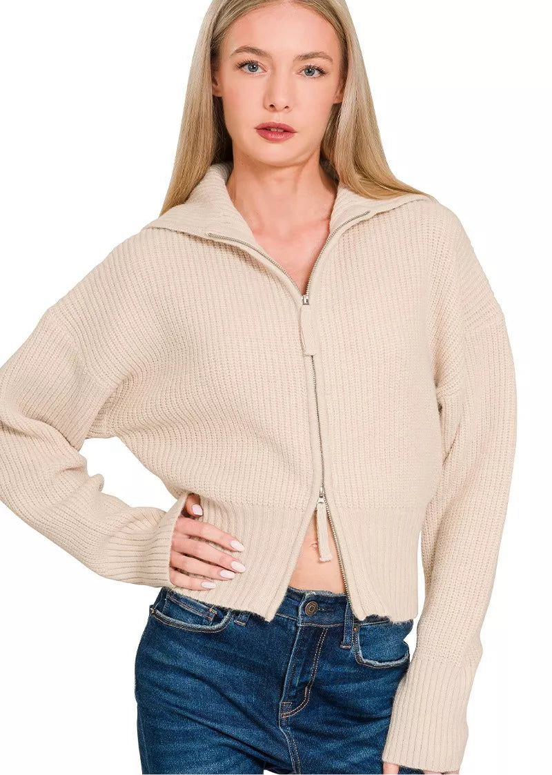 Zenana Ribbed Collared Zip Up Sweater Cardigan