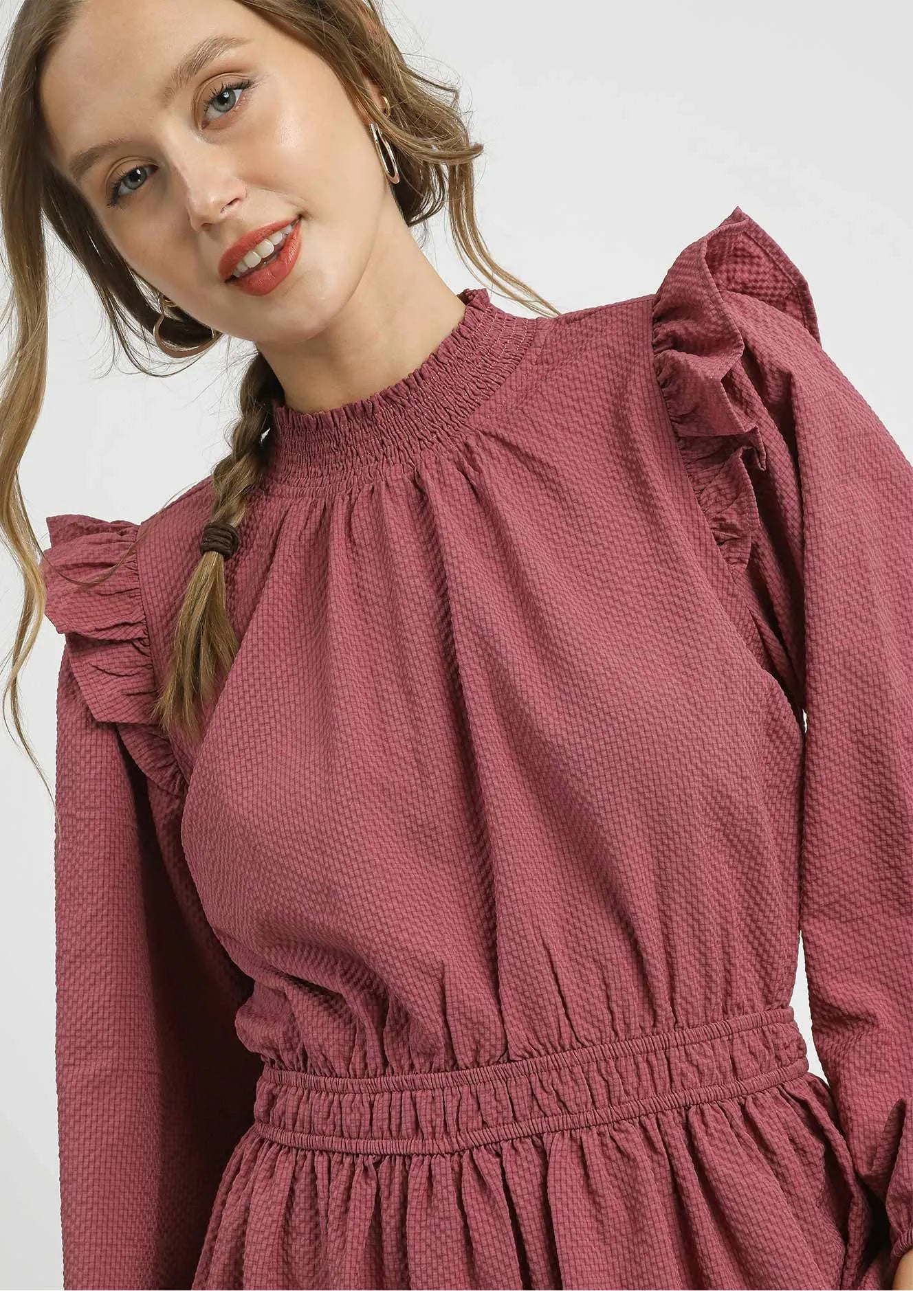 Umgee Textured Midi Dress with Ruffle Shoulder Detail