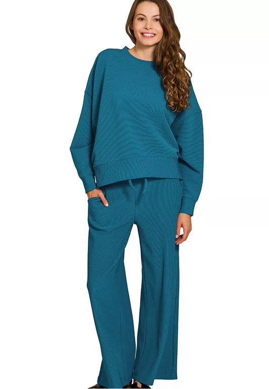 Zenana Ribbed Round Neck Pullover and Drawstring Pants Set