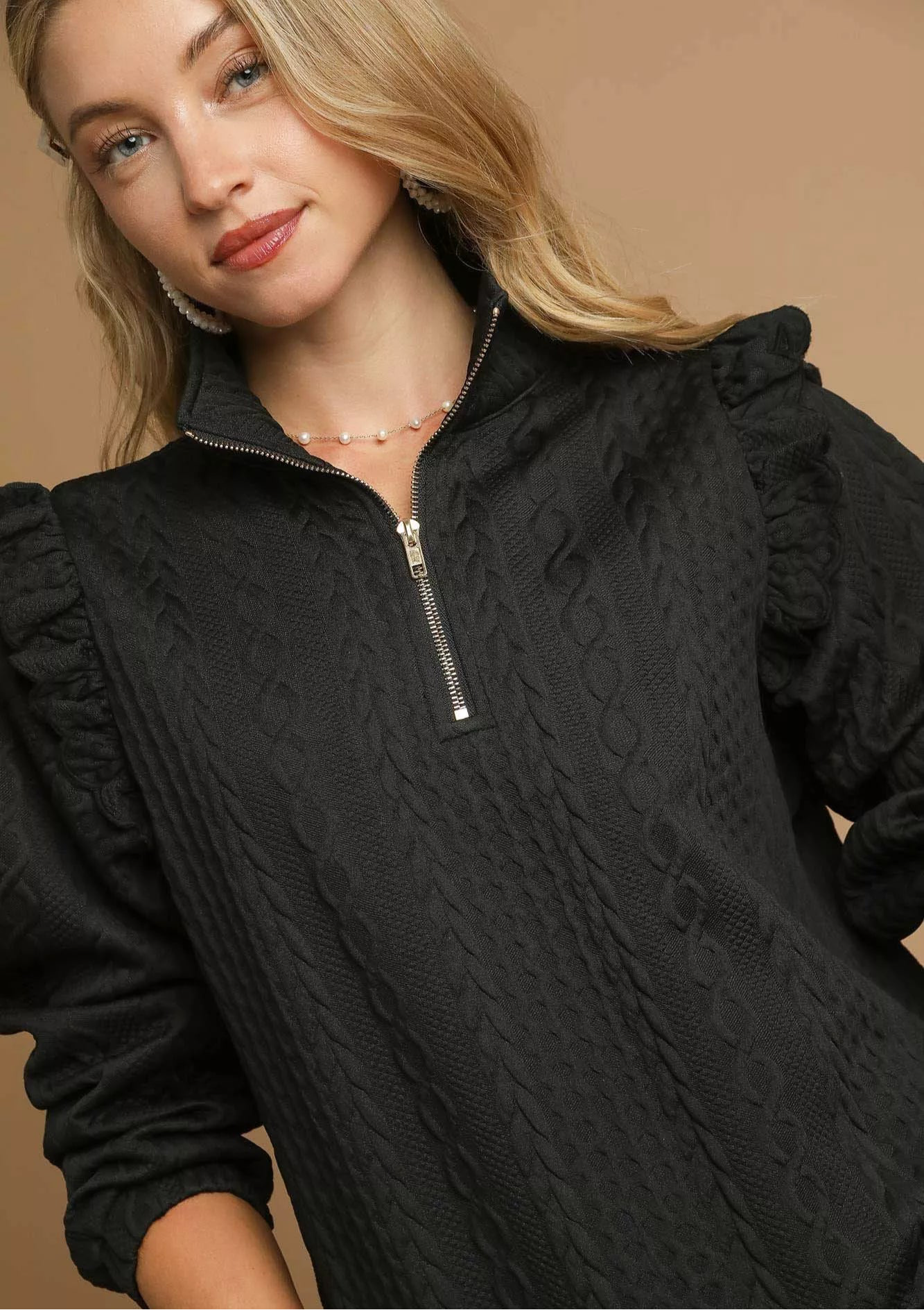 Umgee Cable Knit Textured Pullover with Ruffle Shoulders