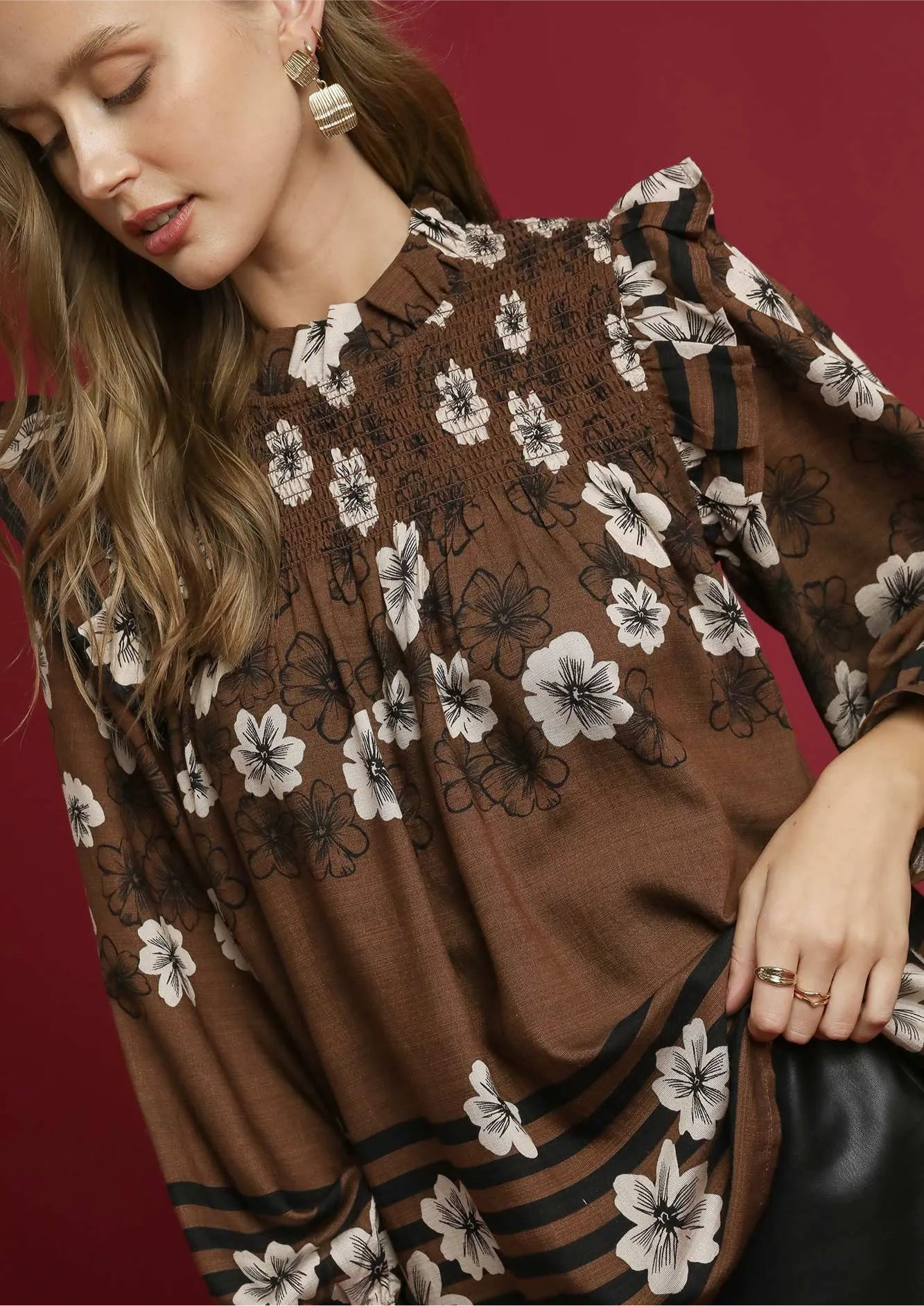 Umgee Full Size Mix Floral Smocked Ruffle Blouse Plus Size