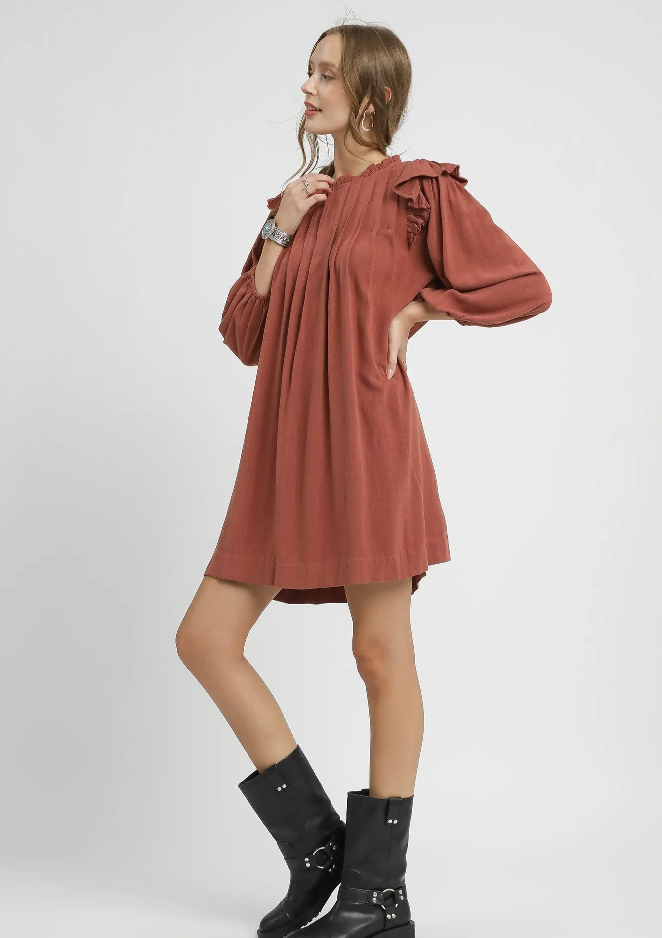 Umgee Linen Ruffle Shoulder Pleated Babydoll Dress