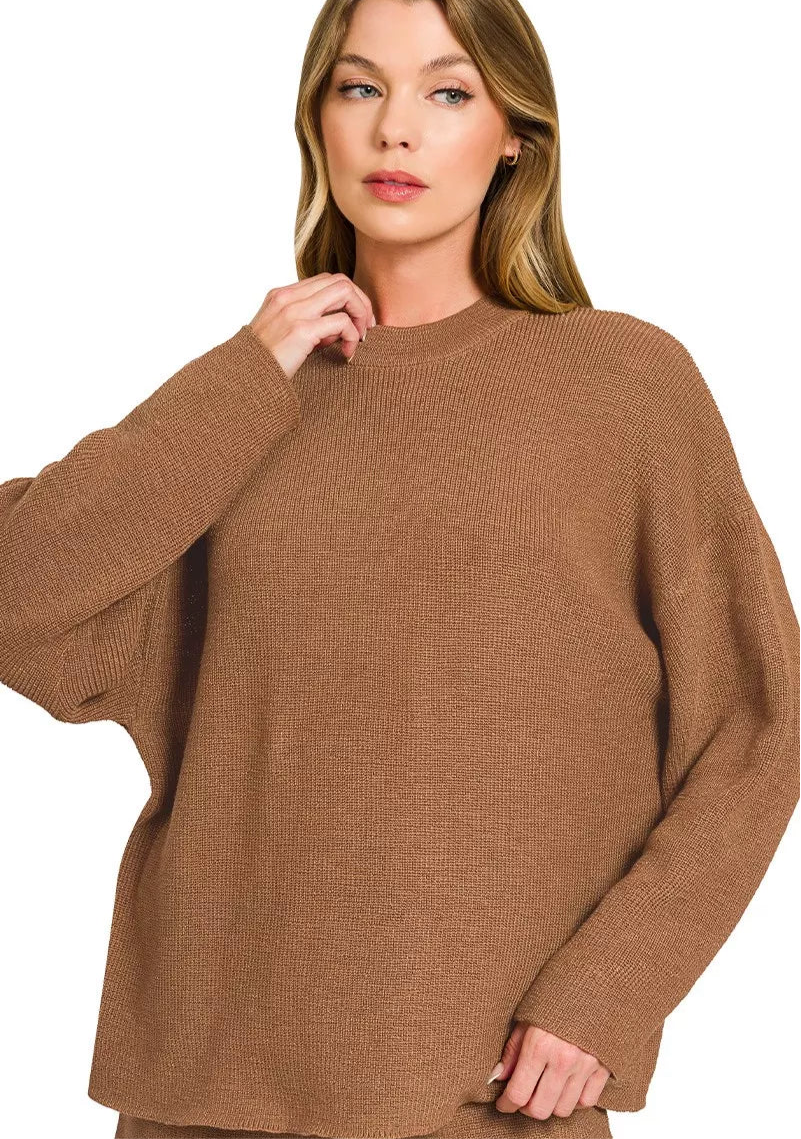 Zenana Round Neck Knit Top and Shorts Sweater Set