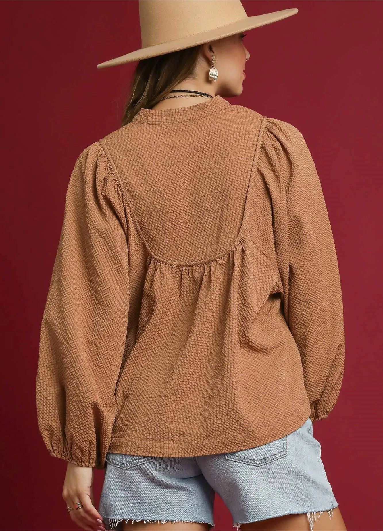 Umgee Textured Notched Blouse with Balloon Sleeves